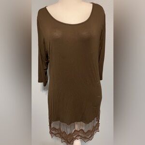 L&B Lucky & Blessed Brown Lace Hem Top Boho Western Lagenlook Cowgirl Medium